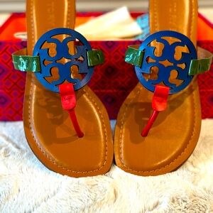 Tory Burch Miller Calf Leather/Patent Duchess Blue/Arugula/Bright Carnelian